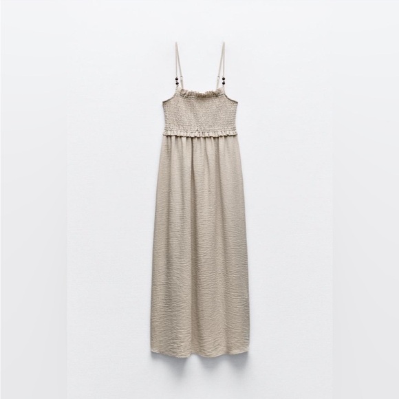 Zara Dresses & Skirts - Zara Khaki Linen Smocked Midi Dress